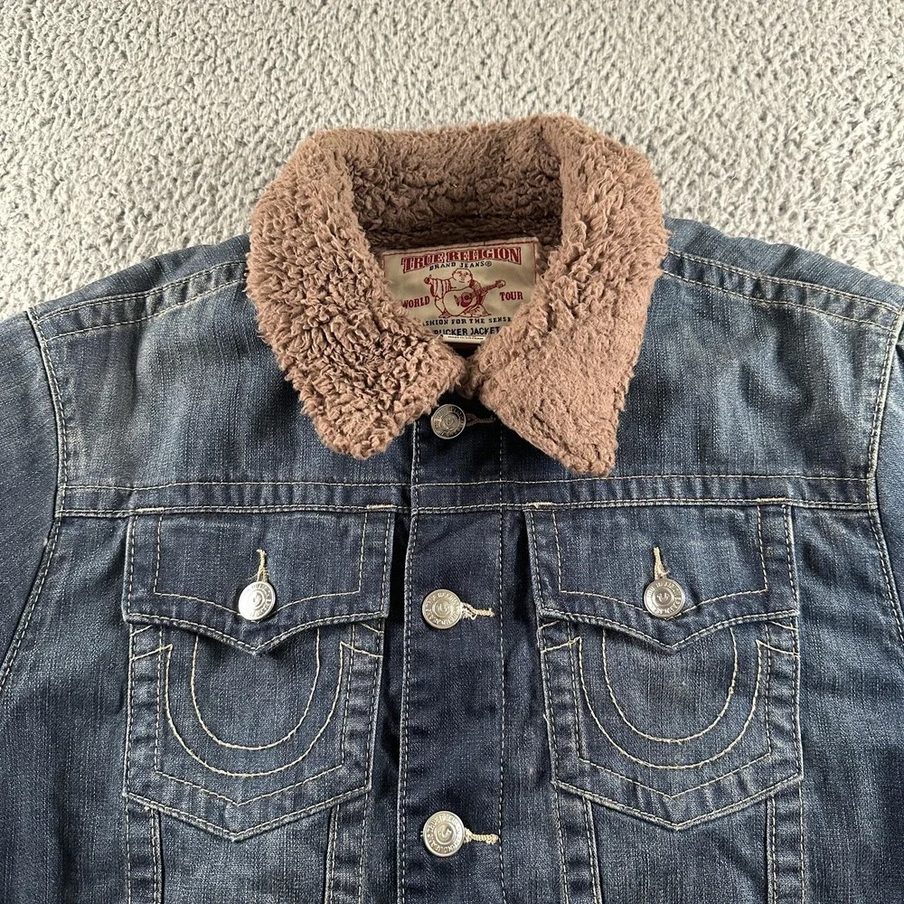 True Religion Section Trucker Jacket Mens XL Blue Sherpa Lined Denim Fleece